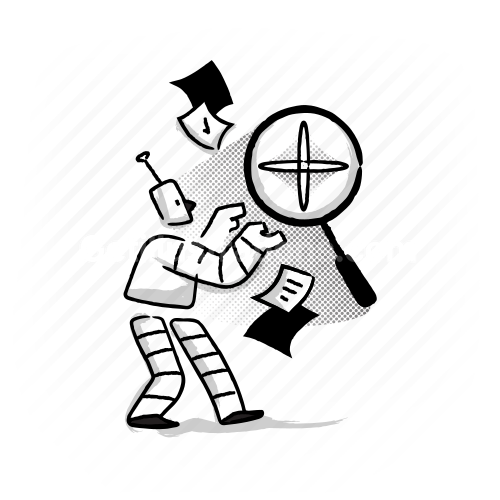 Hand-drawn illustration of a robot analyzing documents with a magnifying glass